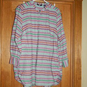 Women's Size 1X 16W/18W Lands End Flannel Shirt Gray Colorful Stripe Tunic Top